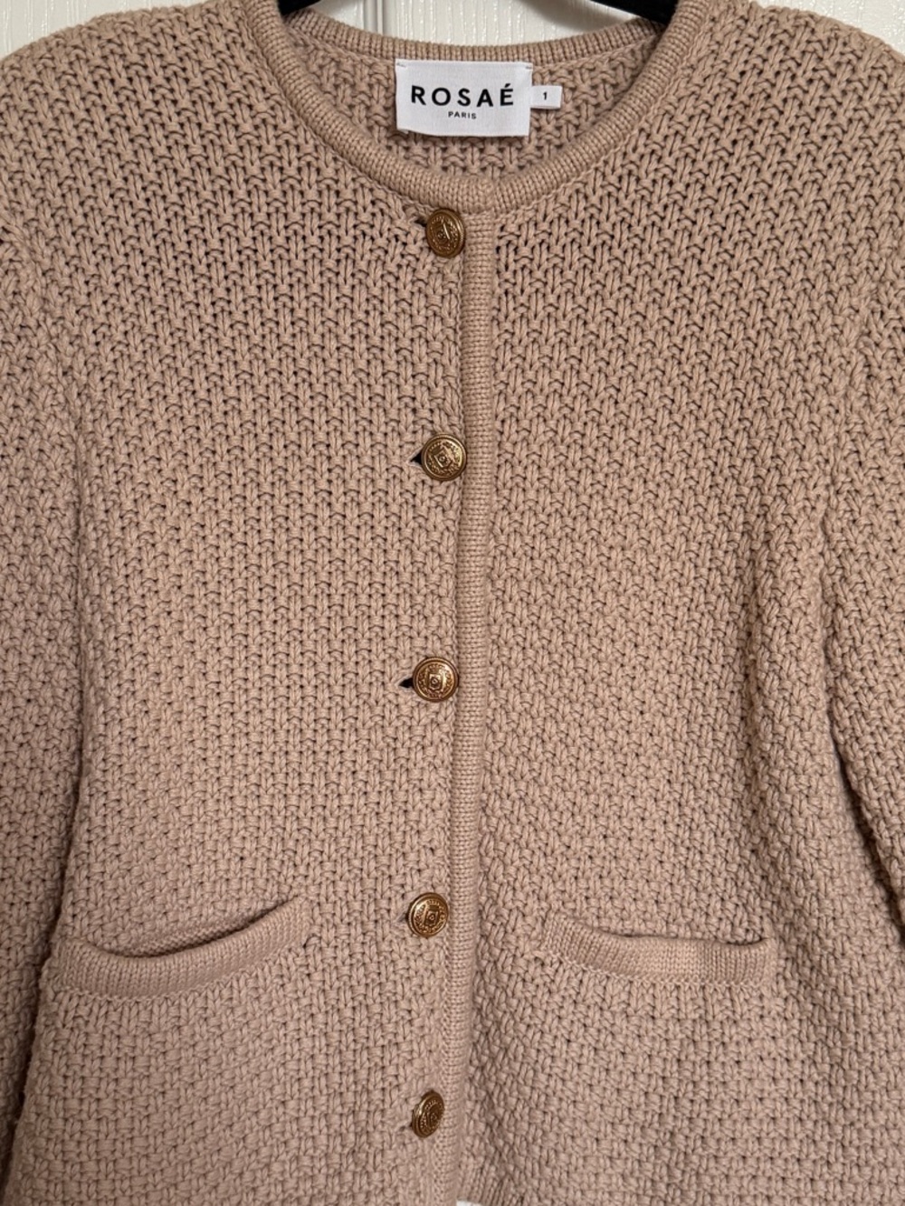 Rosae Paris - Chunky Knit Crewneck Cardigan Sweater in Beige with Gold Buttons - Picture 5 of 7